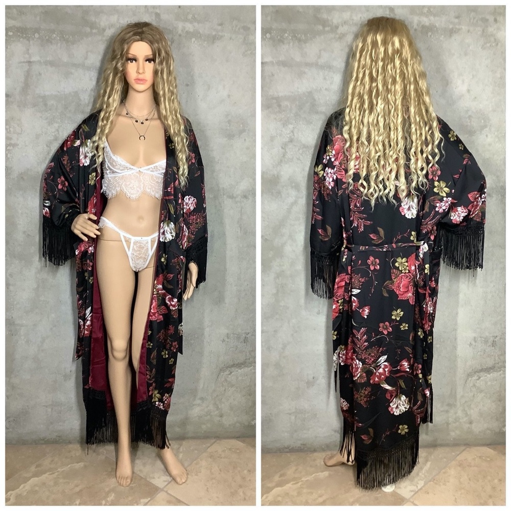 🌸KIMONO ROBE LONG MAXI FLOWER BOHO FRINGE SILK - Picture 9 of 12